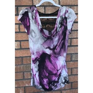 Wrapper Purple Abstract Floral Cowl Neck Top with Lace Back Cap Sleeve Blouse